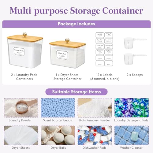 Lifewit Laundry Pods Container with Lid, Dryer Sheet Holder, Room Organization Storage for Coffee Pods Kcup Washing Powder, Scent Booster Beads, 2600 +2000ml/0.53+0.7gal，Natural,3 Pcs - color: Natural, size: 0.53+0.7gal