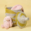 Small Yellow Basket - Organize Bedroom, Living Room, Nursery - Laundry Hamper, Toy Bin, Blanket Storage, Towels Holder - Decorative, Boho Style - Wicker, Woven, Lid, Handles - size: Small