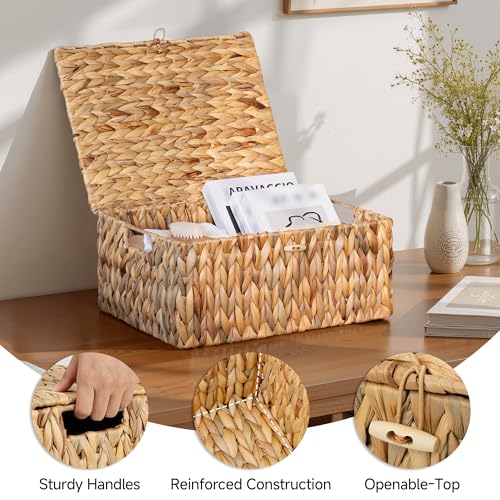StorageWorks Extra Large Wicker Baskets with Lid for Organizing, Water Hyacinth Storage Baskets for Shelves, Decorative Box with Built-in Handles, Natural, 1 Pack - color: Natural(Water Hyacinth), size: 16½"L × 13"W × 7½"H