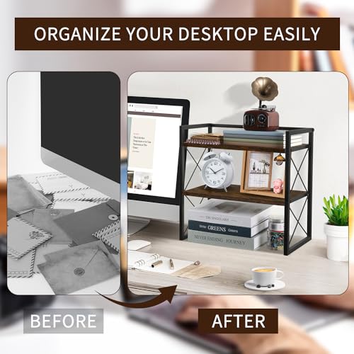 YINMIT Desktop Shelf Organizer, 2 Tier Office Shelves, Wood Desk Organizer Storage Rack and Freestanding Display Shelf for Office, Dormitory, Home - color: Retro