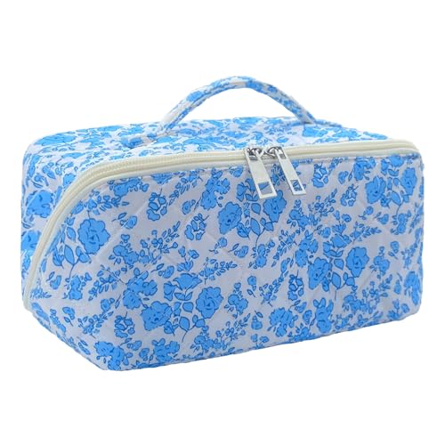 Blue Large Quilted Floral Makeup Bag Cute Coquette Aesthetic Cosmetic Bag Open Flat Travel Toiletry Make up Bag for Women - color: C-lay flat blue