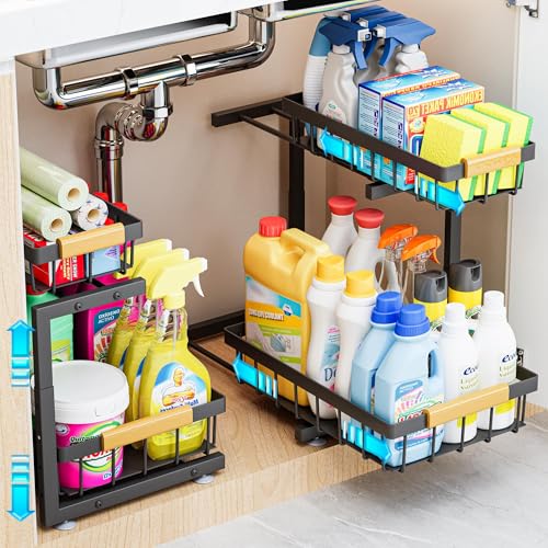 ADBIU Under Sink Organizer, 2 Pack 2 Tier Expandable Height (13.2" - 17.2") Pull out Kitchen Bathroom Cabinet Organizers and Storage Shelf - color: Black, size: Large Size