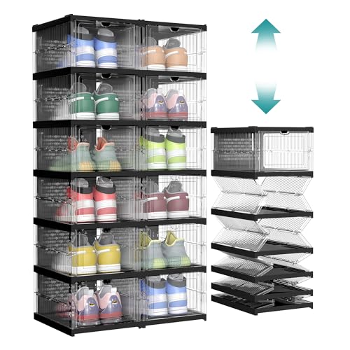SONGMICS Foldable Shoe Boxes, Pack of 12 Stackable Shoe Storage Organizer, Set of 2 Integraed Shoe Cabinets, Portable, Fit up to US Size 13, 60s Assembly, Transparent and Ink Black ULSP206B01 - color: Transparent + Ink Black, size: 6 Tiers (12 Pairs)