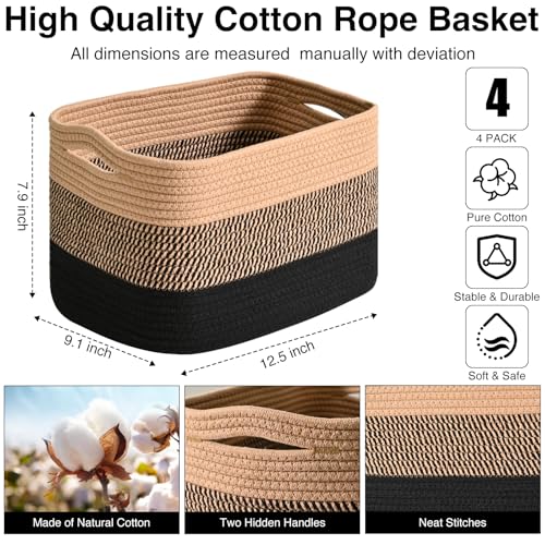 ICERZCZ Storage Baskets for Shelves Organizing, Woven Cotton Rope Baskets for Storage, Book Basket, Towel Basket, 12.5"Lx9.1''Wx7.9''H (4 Packs) Gradient Black & Jute - color: Gradient Black & Jute, size: 12.5"(l)×9.1"(w)×7.9"(h)