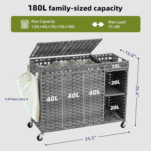 Laundry Hamper with Lid, 160L Rattan Wicker Laundry Basket with Wheels, Handwoven Laundry Hamper 3-Section with Storage shelf(42.3 Gal), Laundry Sorter Basket with Removable Liner, GreyHLH033G - color: Grey, size: 33.5”L x 13”W x26.4”H