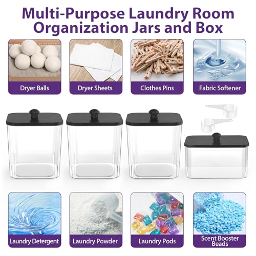 COAZEX 3+1 Pack Clear Laundry Pods Container & Dryer Sheet Holder, Plastic Square Laundry Room Organization and Storage Jars with Black Lids, Scoops & Labels for Detergent, Powder, Dryer Balls - color: 3+1 Pack