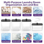COAZEX 3+1 Pack Clear Laundry Pods Container & Dryer Sheet Holder, Plastic Square Laundry Room Organization and Storage Jars with Black Lids, Scoops & Labels for Detergent, Powder, Dryer Balls - color: 3+1 Pack