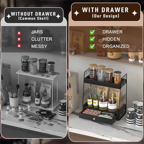 Coffee Bar Station Organizer with Built-In Drawer, 2-Tier Countertop Shelf for Tea Bags, Coffee Accessories, Syrup Bottles (Black) - color: Black
