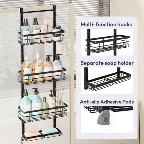SWTYMIKI Over The Door Shower Caddy - 4 Tier Rustproof Hanging Shower Organizer with Adjustable Shelves, 40 Hooks & Soap Holder, Hanging Shower Rack Storage for Bathroom Accessories, Black - color: Black