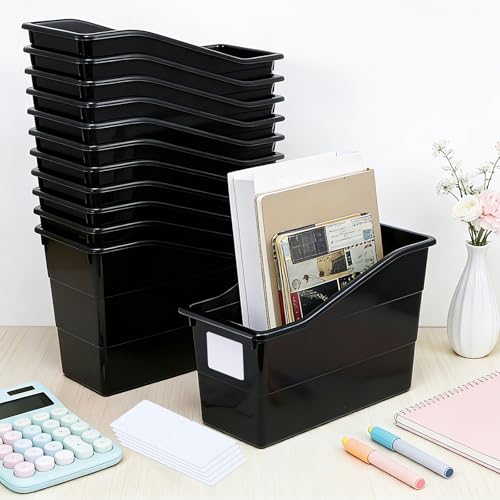 12 Pack Large Book Bins, Durable Magazine Organizer File Holder High-Quality Plastic Book Storage Bins with Labels for Classroom Library, Office, Desktop Organization, Bookshelf Categorization (Black) - color: Black