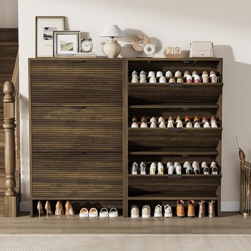Garvee Shoe Storage Cabinet for Entryway, Fluted Shoe Cabinet with 3 Flip Drawers Doors, 32" Wide Hidden Shoe Rack Tall Freestanding Shoe Organizer for Entrance, Hallway, Living Room, Walnut - color: Walnut, size: 3 Drawers