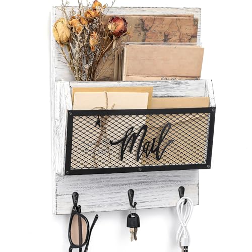 Yalikop Farmhouse Mail Organizer Wall Mounted Rustic Mail Holder Hanging Key Sorter with 3 Hooks Indoor Wooden Wall Mounted, Letter, Magazines, Newspapers, Keys(Classics,White Gray) - color: White Gray