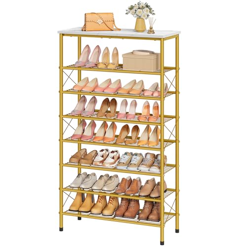 Tajsoon 8 Tier Shoe Rack Organizer for 28-32 Pairs of Shoes, Metal Mesh Shoe Shelf for Closet, Industrial Shoe Rack for Entryway Shoe Storage with X Shape Fixed Frame, White & Gold - color: White & Gold, size: 8-Tier