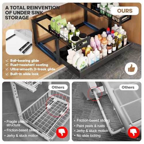 1 Pack Expandable Under Sink Organizers And Storage With Upgrade Ball-Bearing Slide Tracks,2-Tier Pull Out Under Cabinet Organizer Height Adjustable,Slide Out Under Sink Drawers-Black(Patent Pending) - color: Black, size: 1 Pack-15.3"-24.2"W