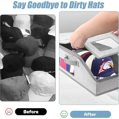 Hat Organizer for Baseball Caps,Holds up to 12 Caps Hat Organizer for Closet, Sturdy Stackable Storage for Men with Clear Lid, Flip-Top Access, Space-Saving Hat Box for Closet, Breathable Fabric