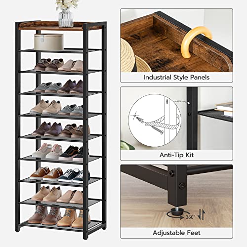 HOOBOR 10 Tier Shoe Rack, Large Capacity Shoe Storage for 18-20 Pairs, Sturdy Metal Shoe Shelf for Closet Entryway, Space Saving Shoe Organizer for Sneakers Heels, Rustic Brown BF40XJ01 - size: 20.5" L x 11.8" W x 67.7" H