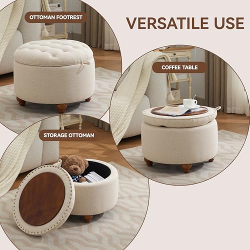 WUTUTUEE 24Inch Round Storage Ottoman with Tray, Modern Tufted Fabric Circle Coffee Table with Storage, Upholstered Ottoman with Removable Top for Living Room, Bedroom, Khaki - color: Khaki, size: 24 Inch