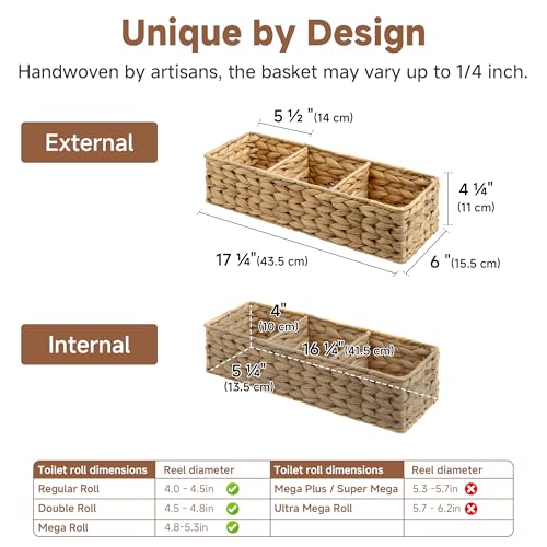 StorageWorks Toilet Paper Basket for Back of Toliet, Toilet Tank Basket with 3 Large Compartments, Water Hyacinth Toilet Paper Storage Baskets, 16½"x 5½"x 5½", 2-Pack - color: Natural(Water Hyacinth), size: 16½"L x 5½"W x 5½"H