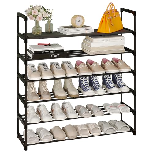 Calmootey 6-Tier Shoe Rack, Tall Large Capacity 30 Pairs Shoes Storage Organizer, Stackable Wide Shoe Shelf for Entryway, Hallway, Black - size: 6-Tier