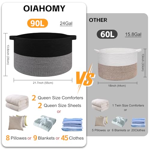 OIAHOMY 90L XXXLarge Blanket Basket for Living Room, 21.7" x 13.8" Woven Cotton Rope Laundry Basket for Organizing Pillows, Decorative Stuffed Animal Toy Storage Bin for Nursery, Black and Grey - color: Black and Grey, size: 21.7"D x 13.8"H