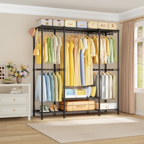 Ulif E3 Heavy Duty Garment Rack, 4 Tiers Freestanding Closet Organizer System with 5 Shelves, Metal Closet Organizer and Storage System for Clothes, Max Load 850lbs, 58.4"W x 15.7"D x 77.3"H, Black - color: Black