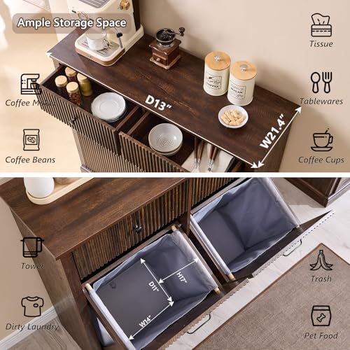 IFBUY Modern Double Tilt-Out Laundry Hamper Cabinet, 20 Gallon Fluted Trash Can Cabinet w/2 Drawers, Wooden Hidden Garbage Can Cabinets w/Laundry Basket, Free Standing for Bathroom and Kitchen, Brown - color: Brown, size: 13"D x 39.3"W x 35.8"H (Full)