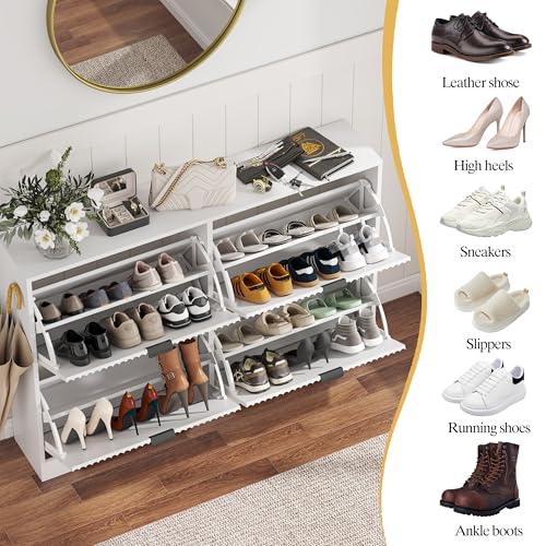 Shoe Cabinet Storage for Entryway with 4 Flip Drawers, White Fluted Shoe Cabinet with Adjustable Shelves, Wooden Hidden Shoes Rack Freestanding Narrow Slim Shoes Storage for Hallway, Entrance - color: White, size: 4 Drawer without Bench