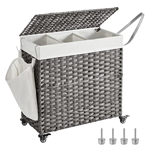 SONGMICS Laundry Hamper with Lid, 37 Gallons (140 L), Rolling Laundry Basket with Wheels, 3-Section Synthetic Rattan, Removable Liner, Bedroom, 26 x 13 x 26 Inches, Gray ULCB363G01 - color: Gray, size: 140 L