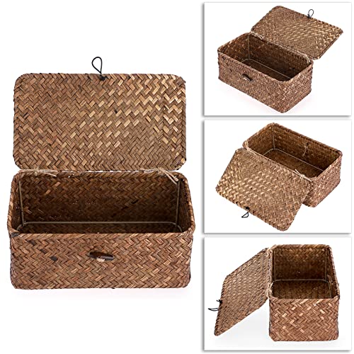 Sumnacon Small Wicker Basket with Lid Rectangle Woven Baskets for Toiletries Tampon Storage,Wicker Storage Basket with Lid,Decorative Seagrass Storage Baskets for Shelf Bathroom Toilet Table, Coffee - color: Coffee, size: X-Small
