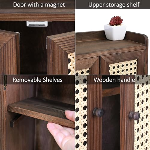 Ikee Design Wooden Countertop Storage Cabinet with Magnetic Rattan Doors, Kitchen Pantry Cabinet with Removable Shelves, Coffee, Snack, Cup Organizer, Dark Brown Color, 12.1W x 6.1D x 15.7H in - color: Dark Brown, 2 Door