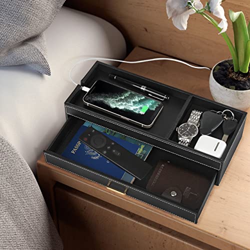 HofferRuffer Valet Jewelry Tray Organizer with Drawer, Faux Leather Storage Catchall Box Phone Charging Station Tray with Dresser Nightstand Desktop Drawer Organizer (Black) - color: Black