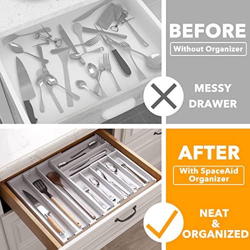 SpaceAid Bamboo Silverware Drawer Organizer with Labels, Kitchen Utensil Expandable Tray Holder Organizer for Flatware, Cutlery, Spoon and Knives Drawer Storage Organization (White, 10 Slots) - color: White