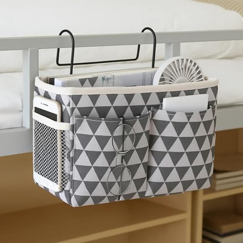 Bedside Caddy Organizer Hanging Storage Basket with Large Pockets & Hooks, Heavy-Duty Canvas Bedside Organizer for Bunk Beds, Dorm Rooms, Hospital Beds & Small Spaces (Gray Triangle Pattern) - color: Gray Triangle Pattern