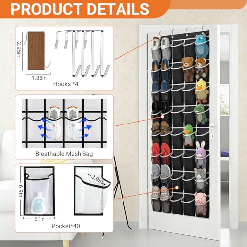 40-Pocket Over the Door Shoe Organizer - Large Mesh Pocket Hanging Shoe Organizer,Behind the Door Shoes Storage Holder Hanger (Black-W) - color: Black-W