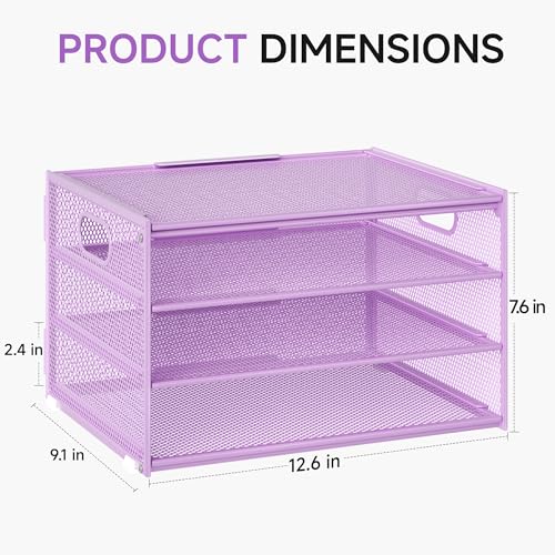 Lavatino 3-Tier Letter Tray Desk Organizer, Mesh Paper File Tray Organizer for Desk, Office Supplies & Home Organization, Fits A4 Paper, Mail, Magazines & Office Accessories (Purple with Handle) - color: 4-tier With Handle - Purple