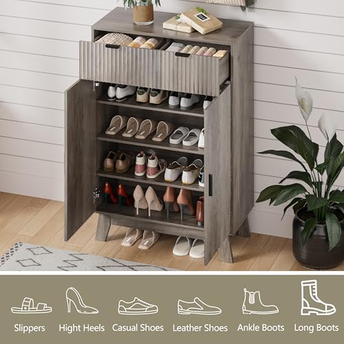 HUANLEGO Shoe Cabinet Storage for Entryway, 4 Tier Fluted Shoe Storage Cabinet with 2 Drawers, Narrow Hidden Shoe Organizer with Adjustable Shelves, Freestanding Shoe Rack for Entryway, Hallway, Grey - color: Grey, size: 4 Tier