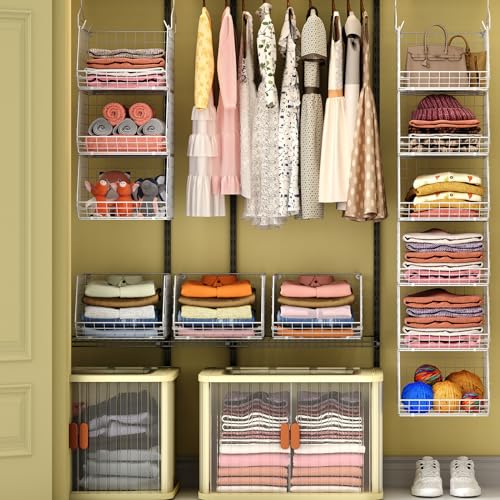 X-cosrack 6 Tier Closet Hanging Organizer, Clothes Hanging Shelves with 4 Hanging Hooks 5 S Hooks, Wire Storage Basket Bins, for Clothing Sweaters Shoes Handbags Clutches Accessories Patent