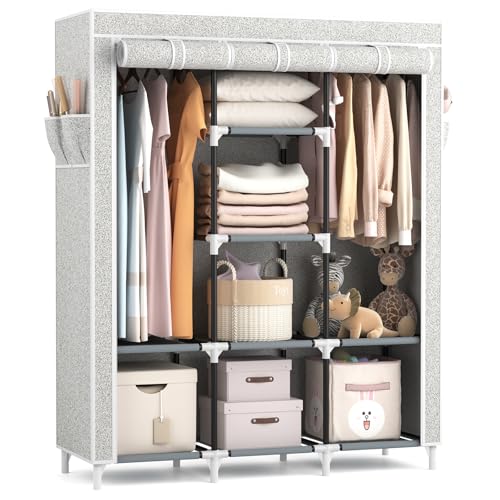 VTRIN Portable Closet Wardrobe for Hanging Clothes with 2 Hanging Rods and 8 Storage Organizer Shelves,Free Standing Clothes Rack with Cover Sturdy Large Wardrobe Closet for Bedroom,Printing - color: Printing, size: 3 Row - 49'' Wide