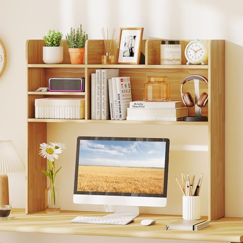 Tangkula Desktop Bookshelf for Computer Up to 32”, 37” Countertop Storage Hutch with 6 Storage Shelves, 3-Tier Desktop Organizer Display Rack, Wooden Desk Hutch for Dorm Home Office (Burlywood) - color: Burlywood, size: 6 Shelves