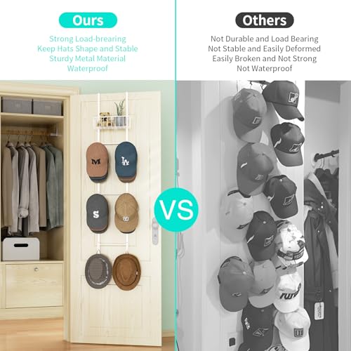 HapiRm Over Door Hat Rack - 2 Packs Wall Mounted Hat Holder with 6 Hooks and Metal Basket Design, Baseball Cap Organizer Storage Up to 32 Caps for Door, Bedroom, Closet, White - color: White, size: 2 Pack