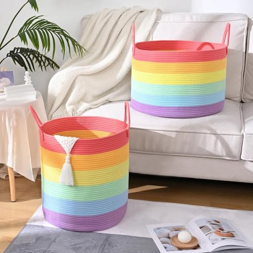 Rainbow Toy Basket, 20"x13" Extra Large Kids Toy Storage for Playroom Classroom Nursery, Woven Rope Blanket Basket with Handles, Stuffed Animal Organizer & Dog Toys Basket - color: Rainbow - Wide