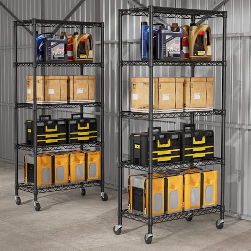 SINGAYE 5 Shelf Storage Wire Shelves Closet Bathroom Organizers Metal Pantry Kitchen Garage Shelving Unit Laundry Room Organization Home Narrow Rack Net Basket with Wheels Black - color: Black, size: 5Tier/14"D X 30"W X 70"H