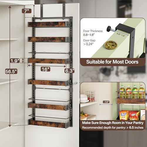 6 Tier Over The Door Pantry Organizer, 2 IN 1 Wall Mount or Metal Hanging Spice Rack for Pantry Organizers and Storage, Seasoning Shelves，Adjustable Basket with Hooks for Kitchen Cabinet and Closet - size: 6 Tier
