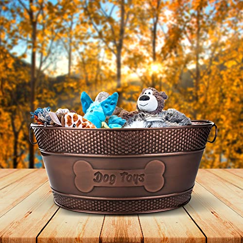BREKX Indestructible Metal Dog Toy Bin - Copper Galvanized Storage Bin with Handles, Pet Storage Organizer - Ropes, Blankets, & Leashes, Bone Design Pet Toy Box (15-Quart) - color: Antique Copper