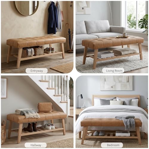 Farmhouse Upholstered Storage Entryway Bench with Shoe Shelf, 2 Tier Faux Leather Button Tufted Bench with Wooden Frame for End of Bed/Hallway/Reception/Living Room, Brown - color: Brown