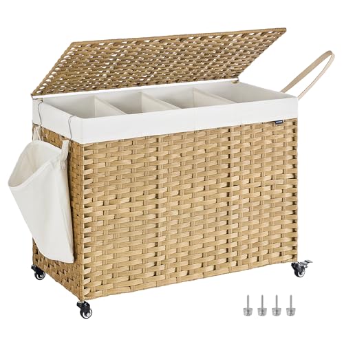 SONGMICS Laundry Hamper with Lid, 55.4 Gallons (210 L), Rolling Laundry Basket with Wheels, 4-Section Synthetic Rattan, Removable Liner, Bedroom, 33.9 x 15.7 x 26 Inches, Natural Color ULCB460Y01 - color: Natural, size: 210 L