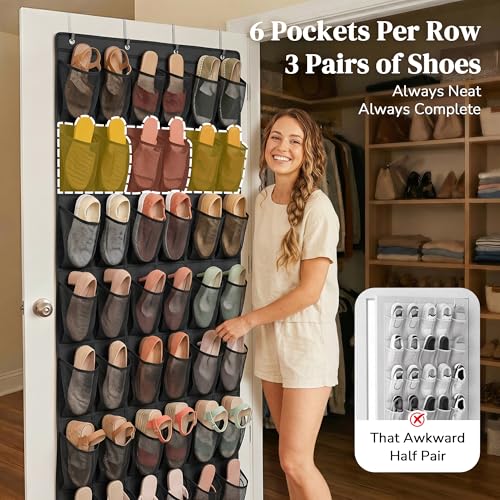 48 Pockets Over The Door Shoe Organizer, Large Mesh Hanging Shoe Rack, 6-Column Heavy Duty Shoe Storage for Sneakers and Heels, Behind Door Holder for Entryway Bedroom Dorm College, Black - color: Black