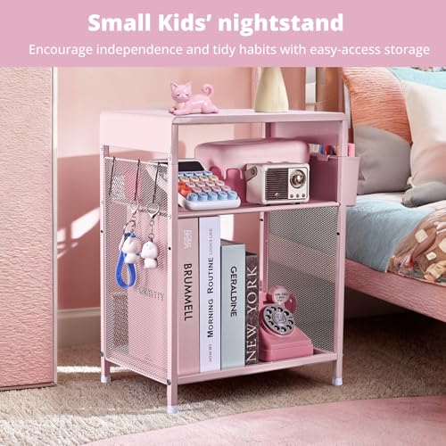 ECOLOVI Kids Nightstand 19in High for Floor Beds, 3-Tier Metal Small Bedside Table with Adjustable Storage Shelf, Basket & 3 S-Hooks, Low Nightstand for Nursery, Toddler Bedroom (Pink) - color: Pink