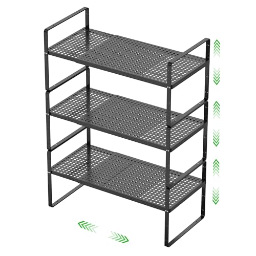 Expandable Cabinet Storage Shelf Stackable Organizer Rack for Kitchen Bathroom Pantry Spice Cupboard Coffee Countertop Home Office Desk Heavy Duty Nonslip Black Large 3 Packs - color: Black 3 Packs, size: Large - 10.2"W x (16.5"-27.1")L x 9.8"H
