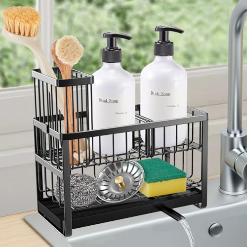 Sinnsally Kitchen Sponge Holder,Sink Caddy Organizer with High Brush Holder,Stainless Steel Sink Box Dish Scrubber Holder,Soap Tray for Kitchen Counter Accessories & Storage Rack(2 Tier - Black) - color: 2 Tier-Black
